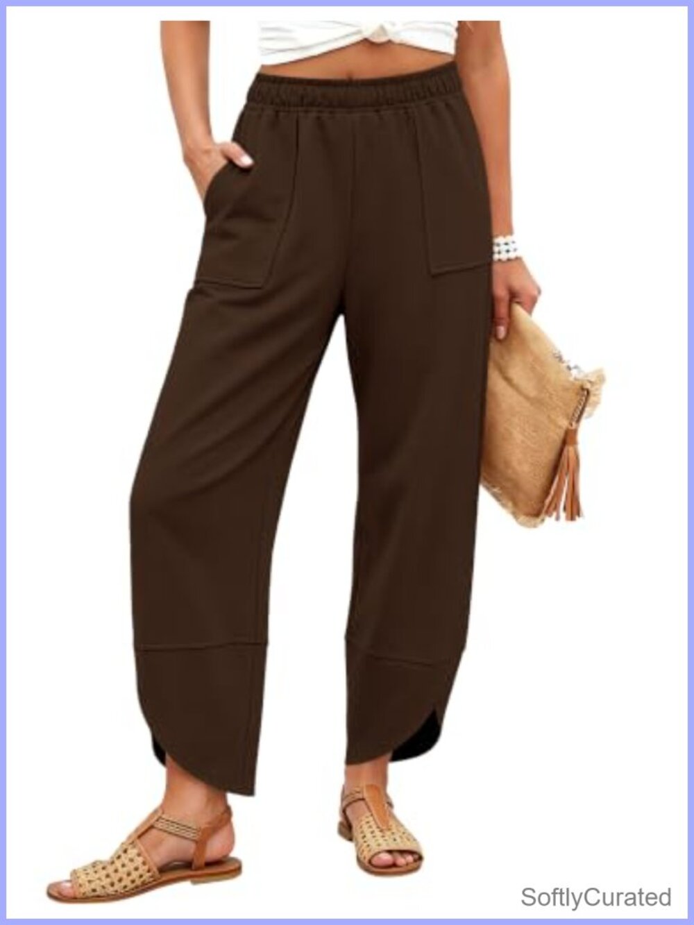 Wide Leg Barrel Pants Cotton Polyester Pleated Elastic Waist Pull On Casual